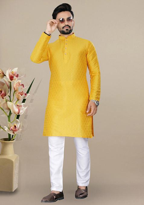 Yellow Embroidered Jacquard Kurta Set For Men