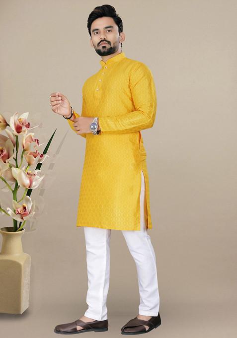 Yellow Embroidered Jacquard Kurta Set For Men