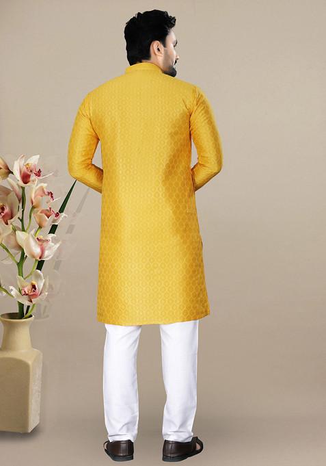 Yellow Embroidered Jacquard Kurta Set For Men