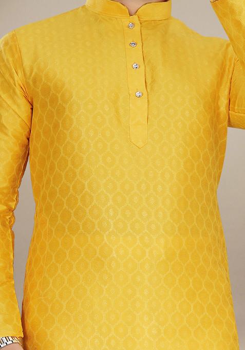 Yellow Embroidered Jacquard Kurta Set For Men