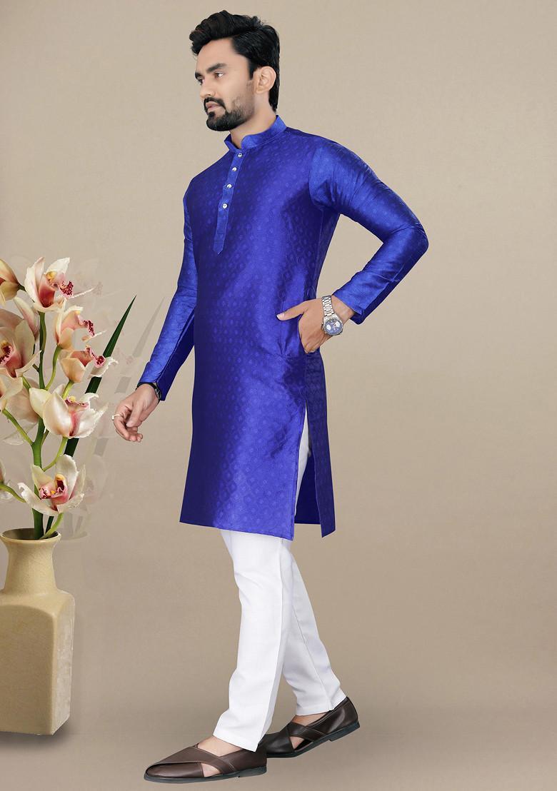 Royal Blue Embroidered Jacquard Kurta Set For Men