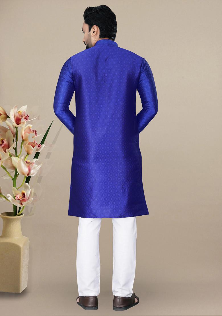 Royal Blue Embroidered Jacquard Kurta Set For Men