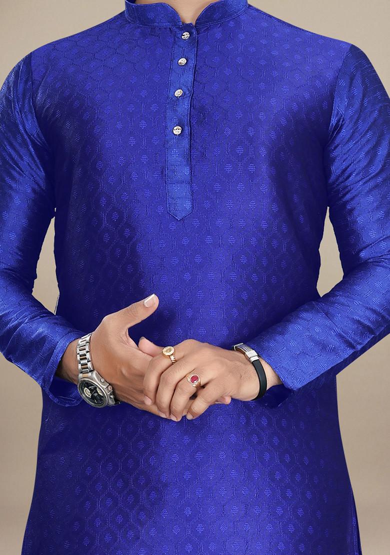 Royal Blue Embroidered Jacquard Kurta Set For Men