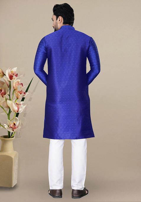 Royal Blue Embroidered Jacquard Kurta Set For Men