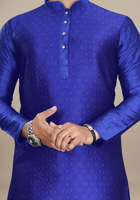 Royal Blue Embroidered Jacquard Kurta Set For Men