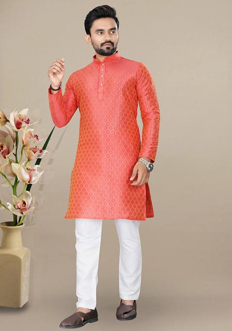 Orange Embroidered Jacquard Kurta Set For Men