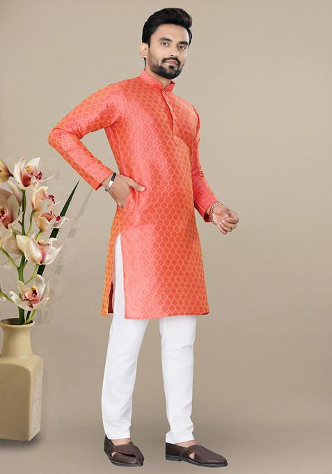Orange Embroidered Jacquard Kurta Set For Men