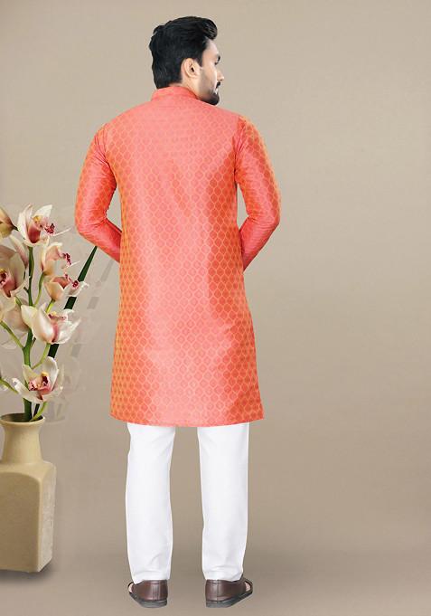 Orange Embroidered Jacquard Kurta Set For Men