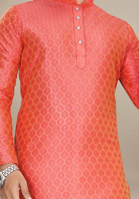 Orange Embroidered Jacquard Kurta Set For Men