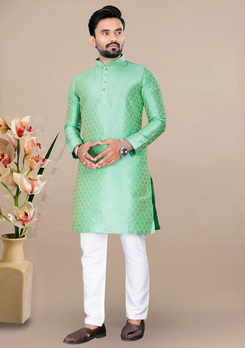 Pista Green Embroidered Jacquard Kurta Set For Men - Indya