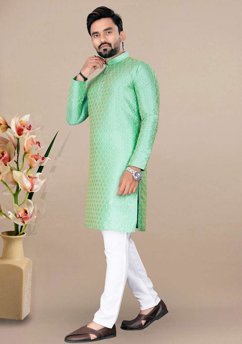 Pista Green Embroidered Jacquard Kurta Set For Men - Indya
