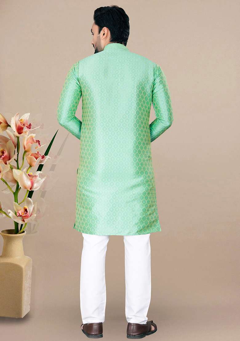 Pista Green Embroidered Jacquard Kurta Set For Men - Indya