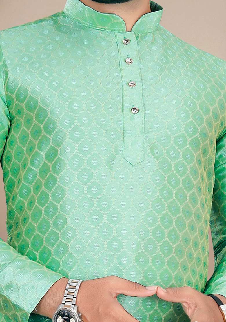 Pista Green Embroidered Jacquard Kurta Set For Men - Indya