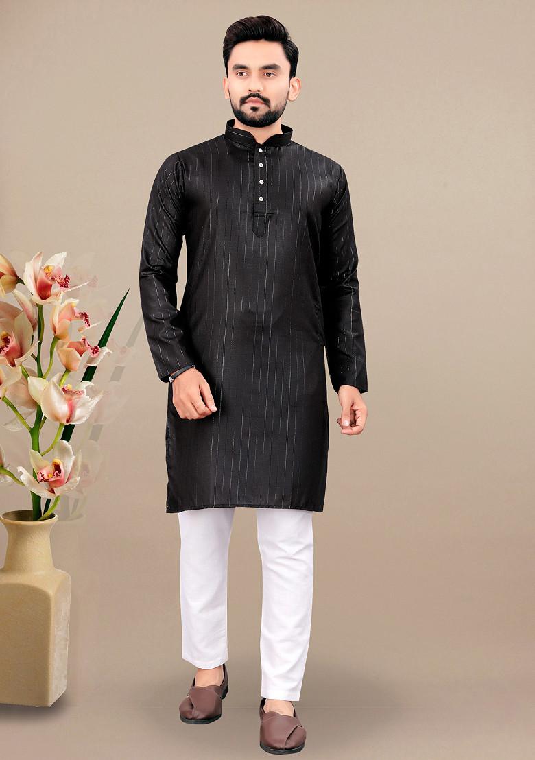 Black Embroidered Cotton Blend Kurta Set For Men