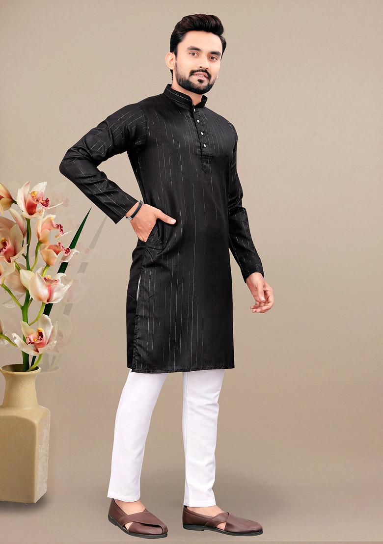 Black Embroidered Cotton Blend Kurta Set For Men