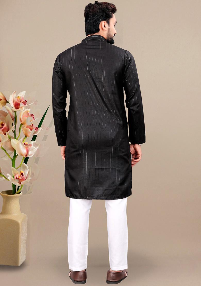 Black Embroidered Cotton Blend Kurta Set For Men