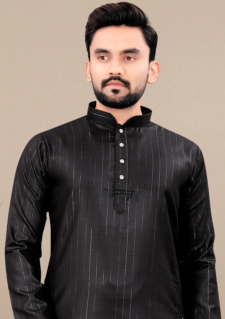 Black Embroidered Cotton Blend Kurta Set For Men