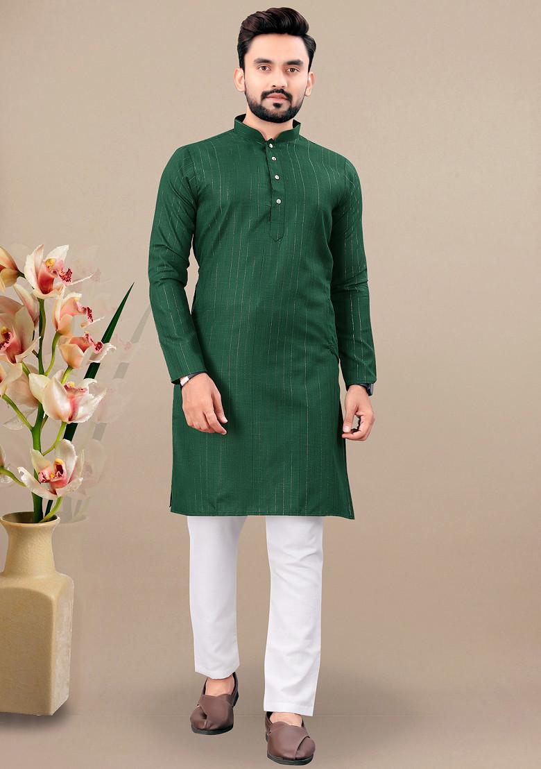 Green Embroidered Cotton Blend Kurta Set For Men