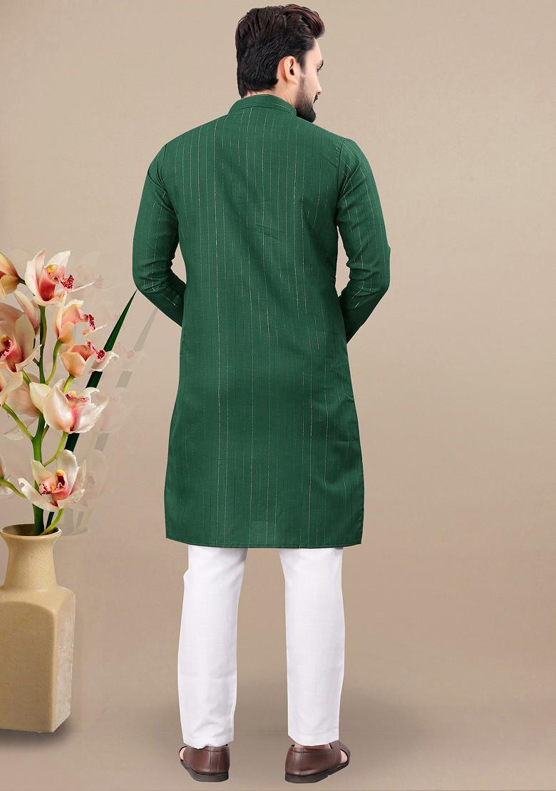 Green Embroidered Cotton Blend Kurta Set For Men
