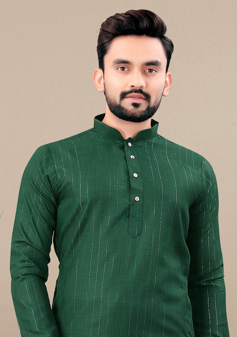 Green Embroidered Cotton Blend Kurta Set For Men