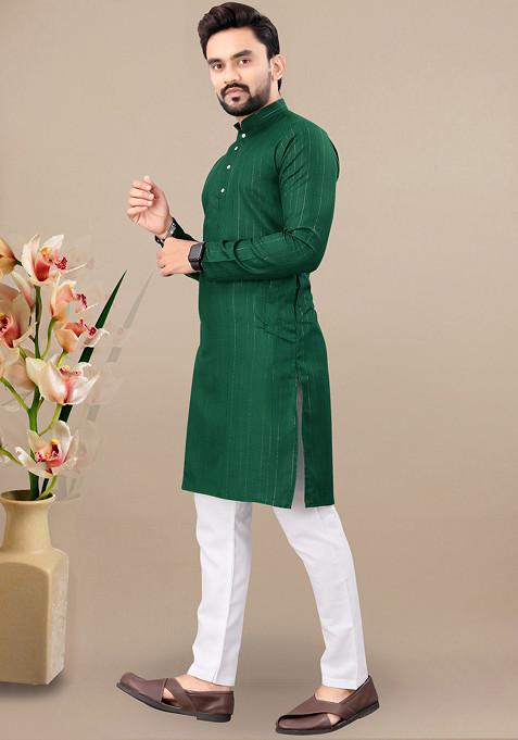 Green Embroidered Cotton Blend Kurta Set For Men