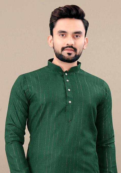 Green Embroidered Cotton Blend Kurta Set For Men
