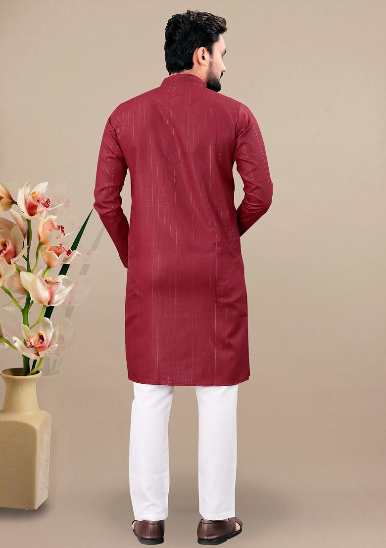 Maroon Embroidered Cotton Blend Kurta Set For Men