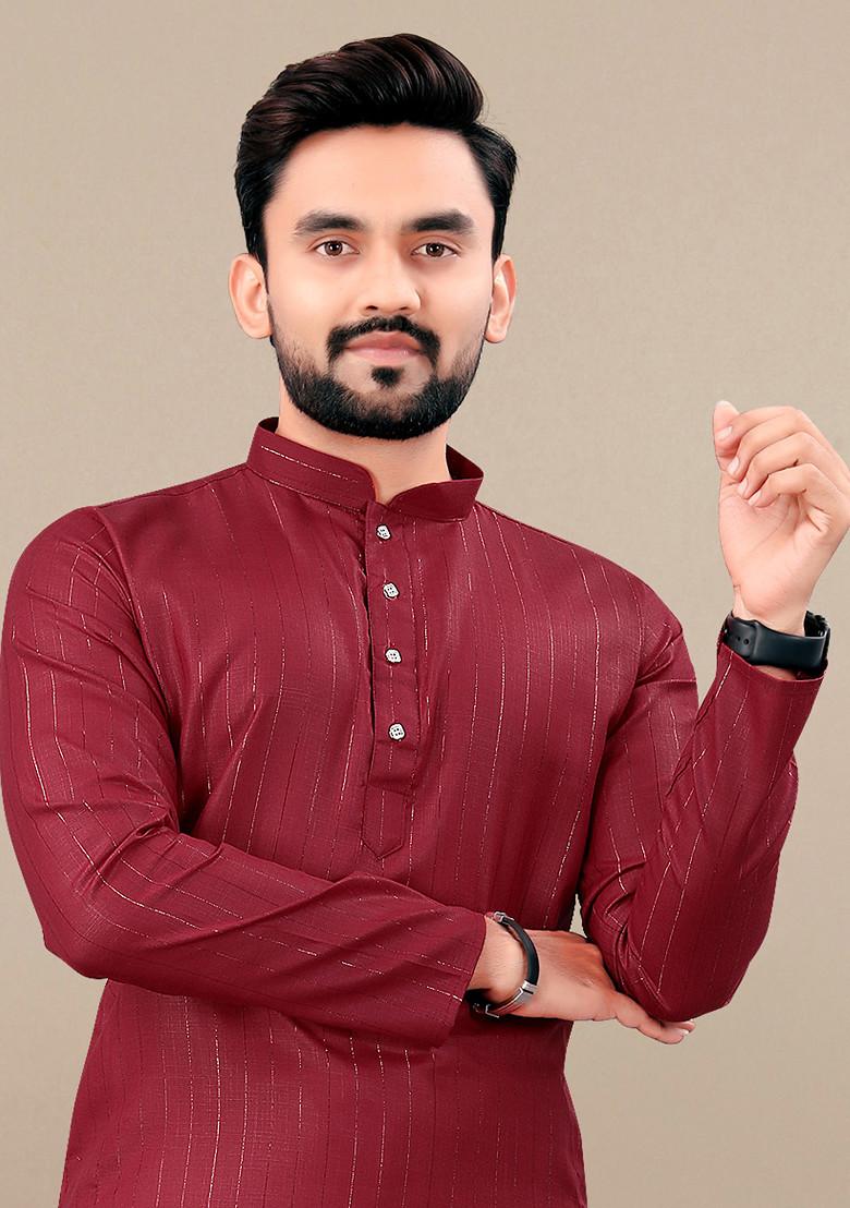 Maroon Embroidered Cotton Blend Kurta Set For Men