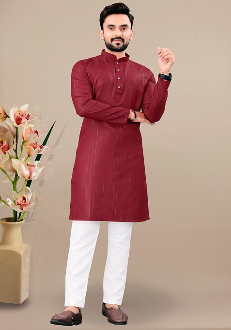 Maroon Embroidered Cotton Blend Kurta Set For Men