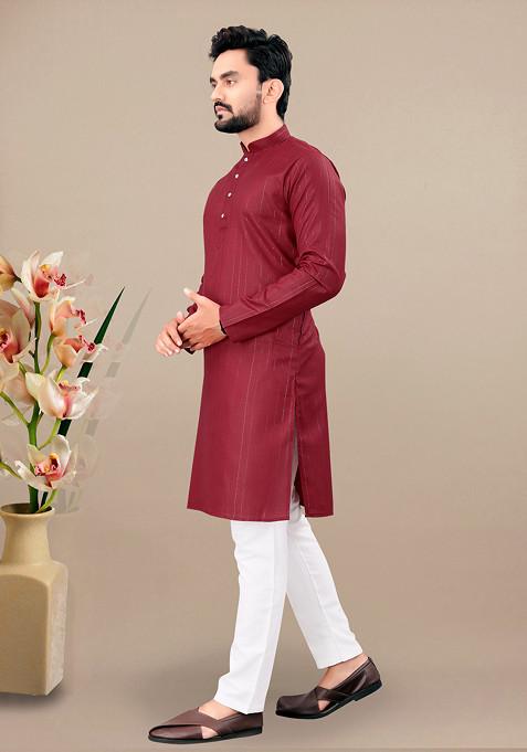 Maroon Embroidered Cotton Blend Kurta Set For Men