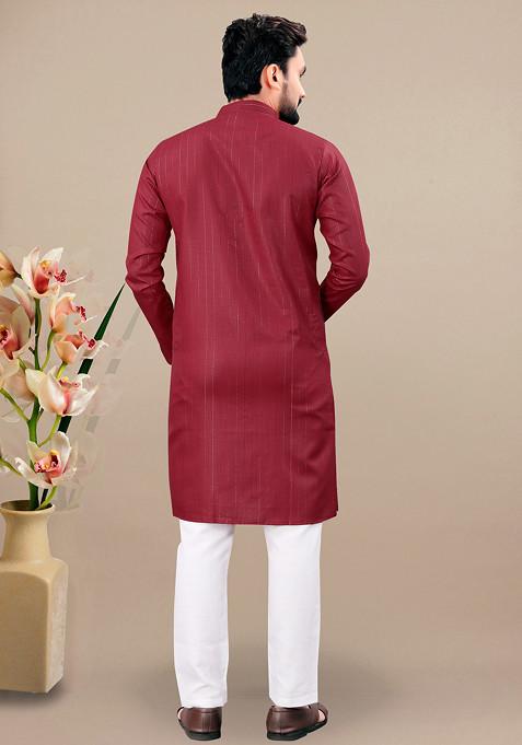 Maroon Embroidered Cotton Blend Kurta Set For Men