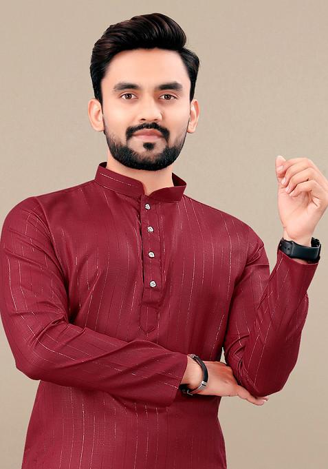 Maroon Embroidered Cotton Blend Kurta Set For Men