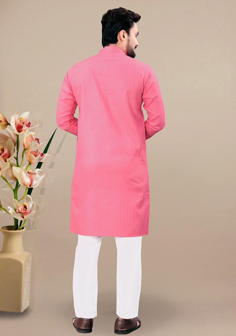Pink Embroidered Cotton Blend Kurta Set For Men