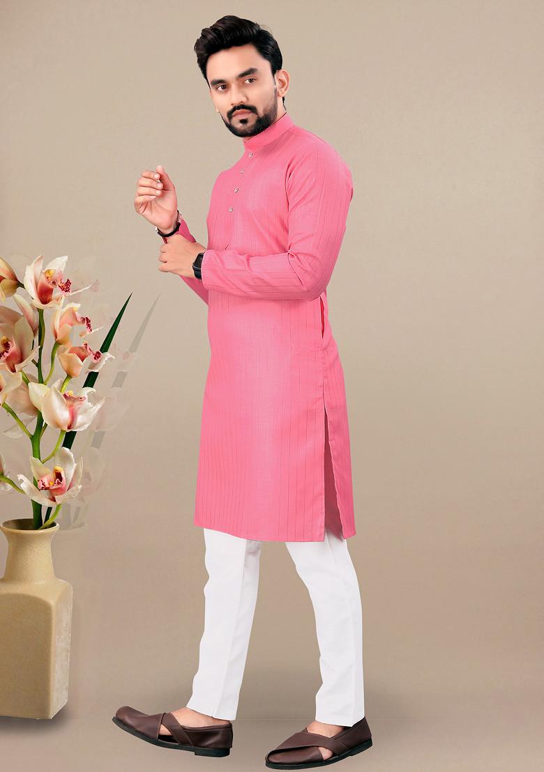 Pink Embroidered Cotton Blend Kurta Set For Men