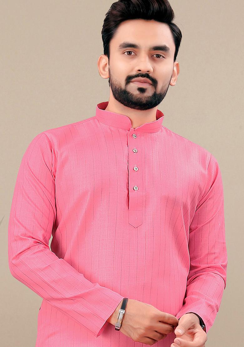 Pink Embroidered Cotton Blend Kurta Set For Men