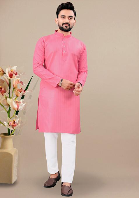 Pink Embroidered Cotton Blend Kurta Set For Men