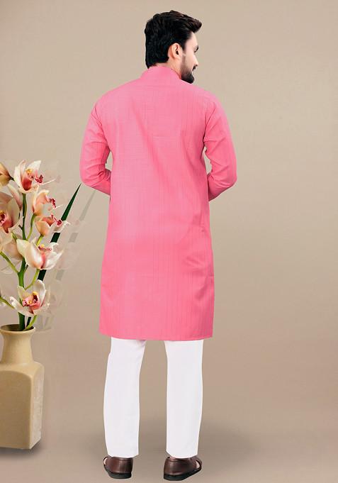 Pink Embroidered Cotton Blend Kurta Set For Men