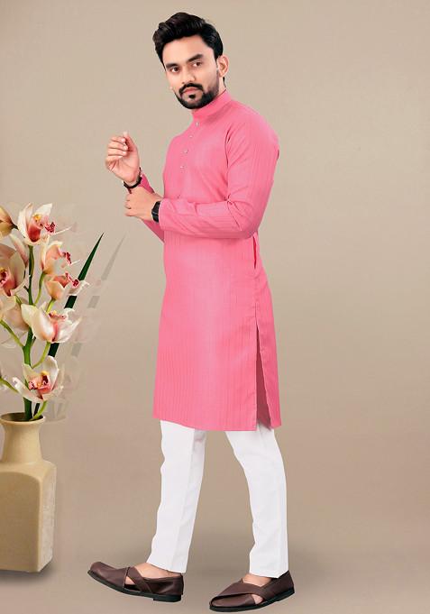 Pink Embroidered Cotton Blend Kurta Set For Men