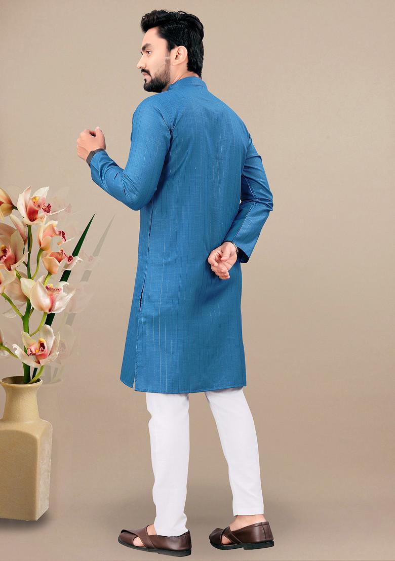 Rama Blue Embroidered Cotton Blend Kurta Set For Men