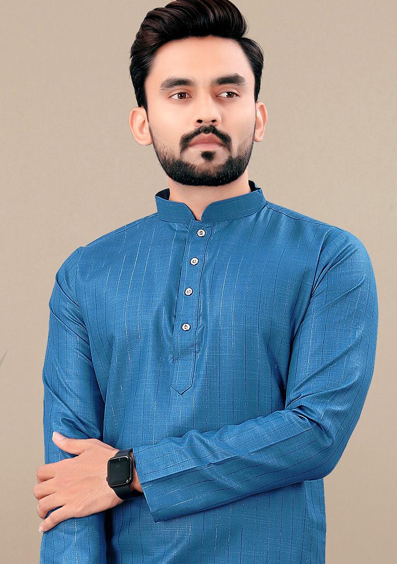 Rama Blue Embroidered Cotton Blend Kurta Set For Men