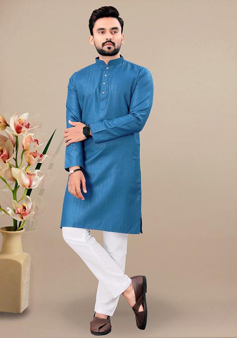 Rama Blue Embroidered Cotton Blend Kurta Set For Men