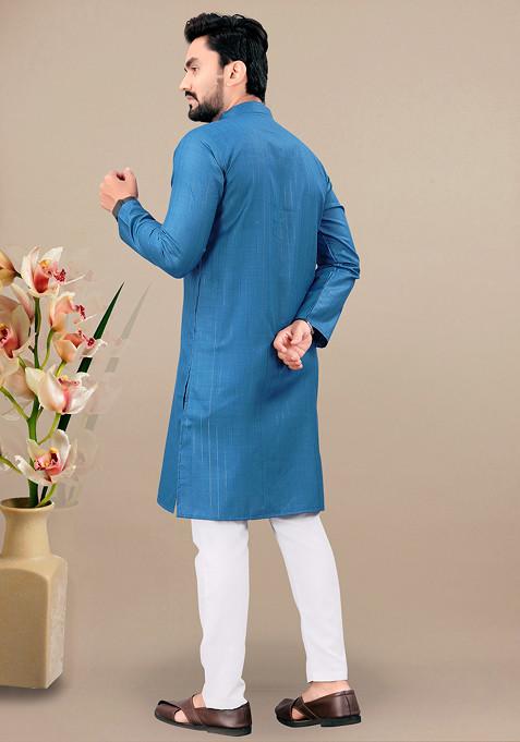Rama Blue Embroidered Cotton Blend Kurta Set For Men