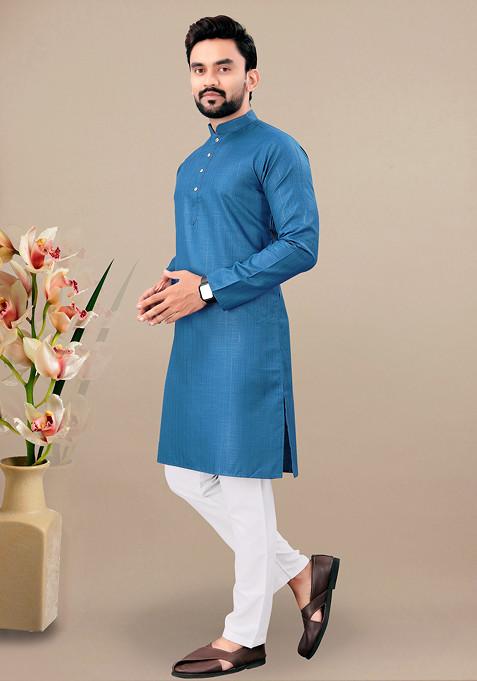 Rama Blue Embroidered Cotton Blend Kurta Set For Men