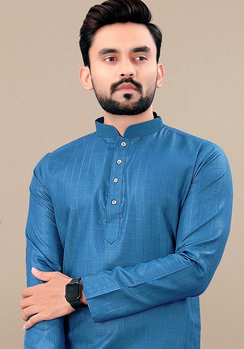 Rama Blue Embroidered Cotton Blend Kurta Set For Men