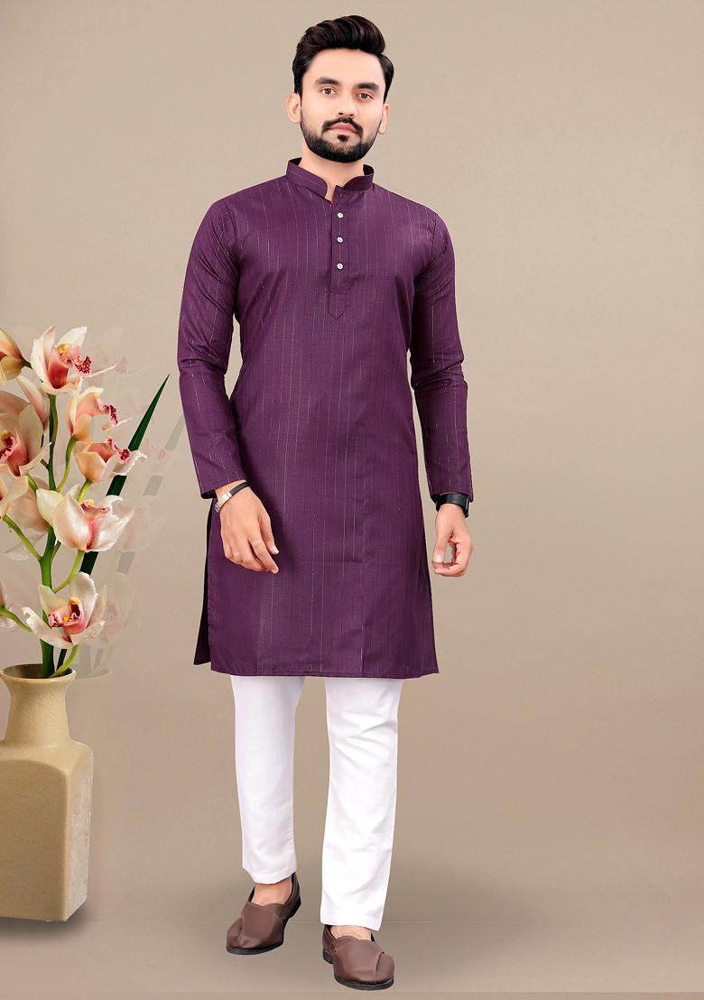 Wine Embroidered Cotton Blend Kurta Set For Men