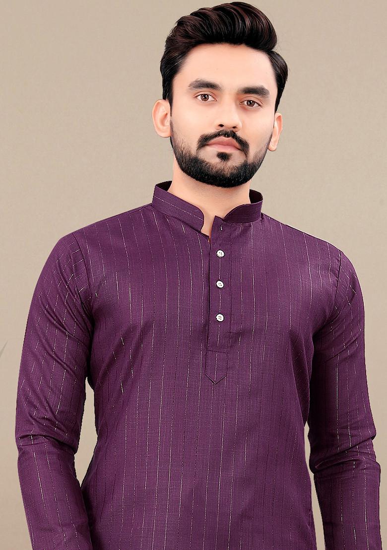 Wine Embroidered Cotton Blend Kurta Set For Men