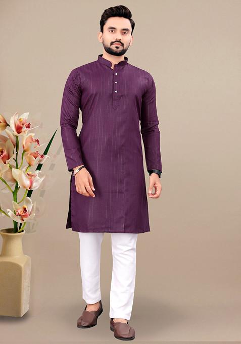 Wine Embroidered Cotton Blend Kurta Set For Men