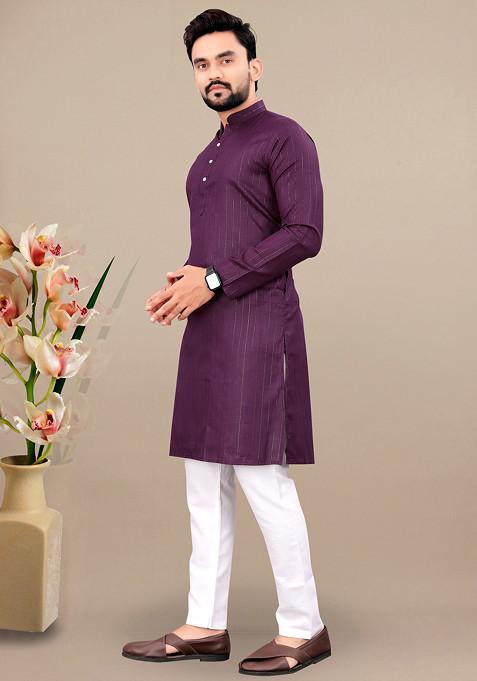 Wine Embroidered Cotton Blend Kurta Set For Men