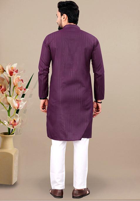 Wine Embroidered Cotton Blend Kurta Set For Men