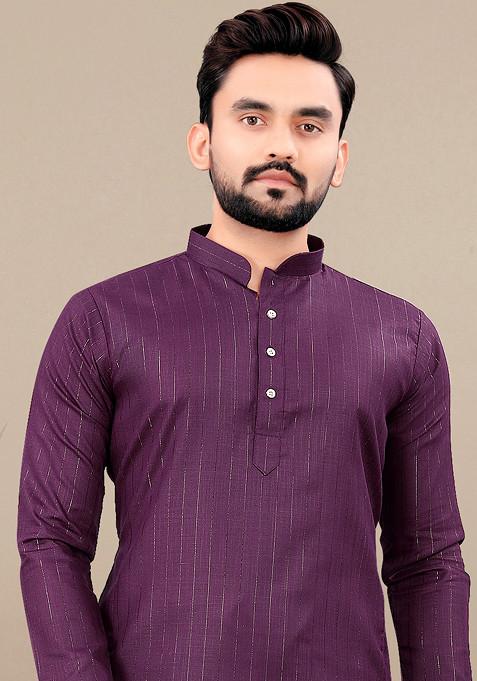 Wine Embroidered Cotton Blend Kurta Set For Men